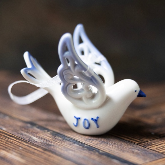 Porcelain ceramic dove bird JOY Christmas holiday ornament figurine blue white - Picture 1 of 7